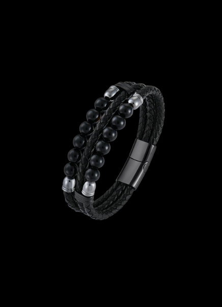 Legacy Men’s Braided Leather & Bead Bracelet – Stainless Steel Clasp
