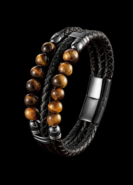 Legacy Men’s Braided Leather & Bead Bracelet – Stainless Steel Clasp