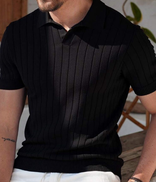 Premium Black Ribbed Polo – Luxury Knit Edition